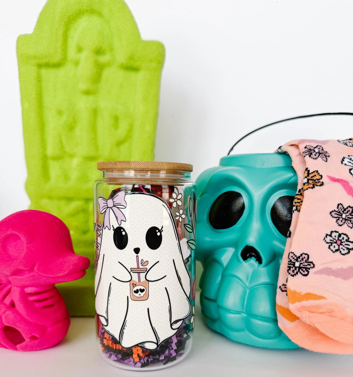 Stuffed Halloween Gift: Boo Bags, Boo Baskets, 16oz glass tumbler, Halloween gift, Halloween socks, Halloween lovers gift