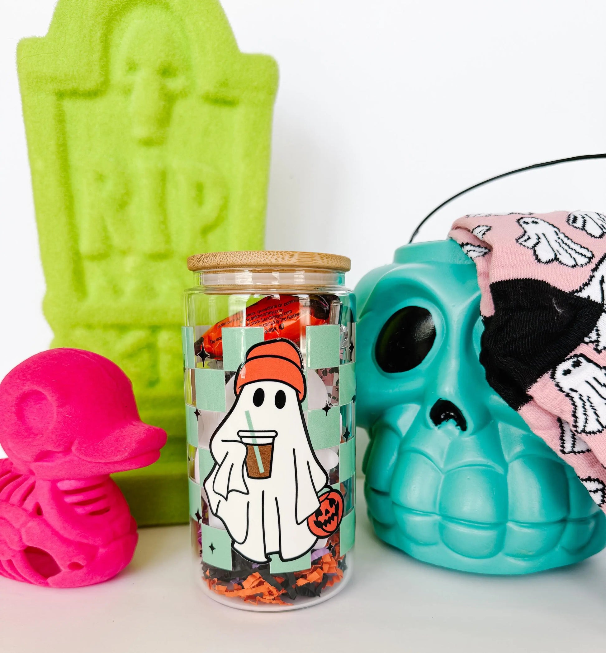 Stuffed Halloween Gift: Boo Bags, Boo Baskets, 16oz glass tumbler, Halloween gift, Halloween socks, Halloween lovers gift