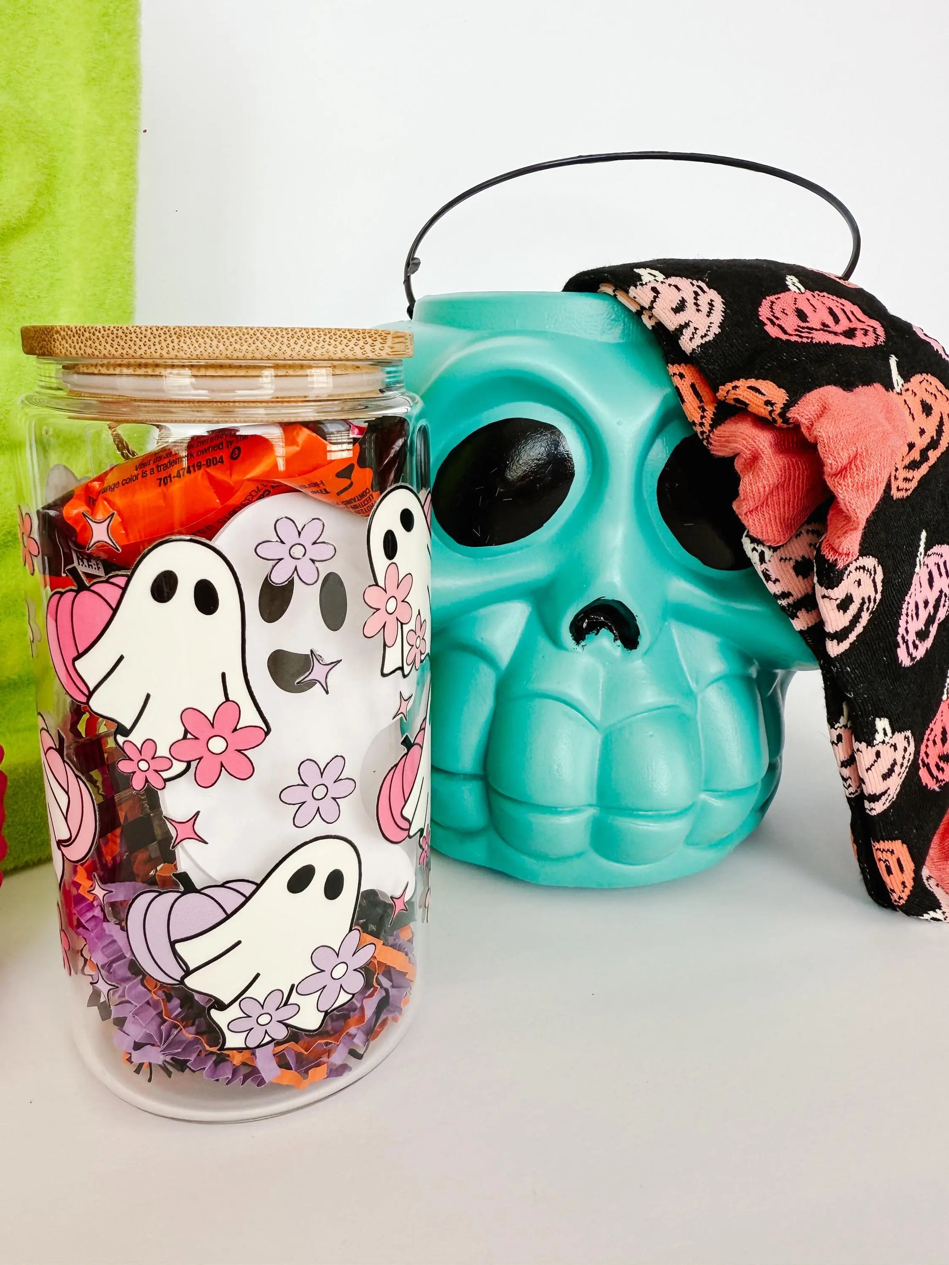 Stuffed Halloween Gift: Boo Bags, Boo Baskets, 16oz glass tumbler, Halloween gift, Halloween socks, Halloween lovers gift