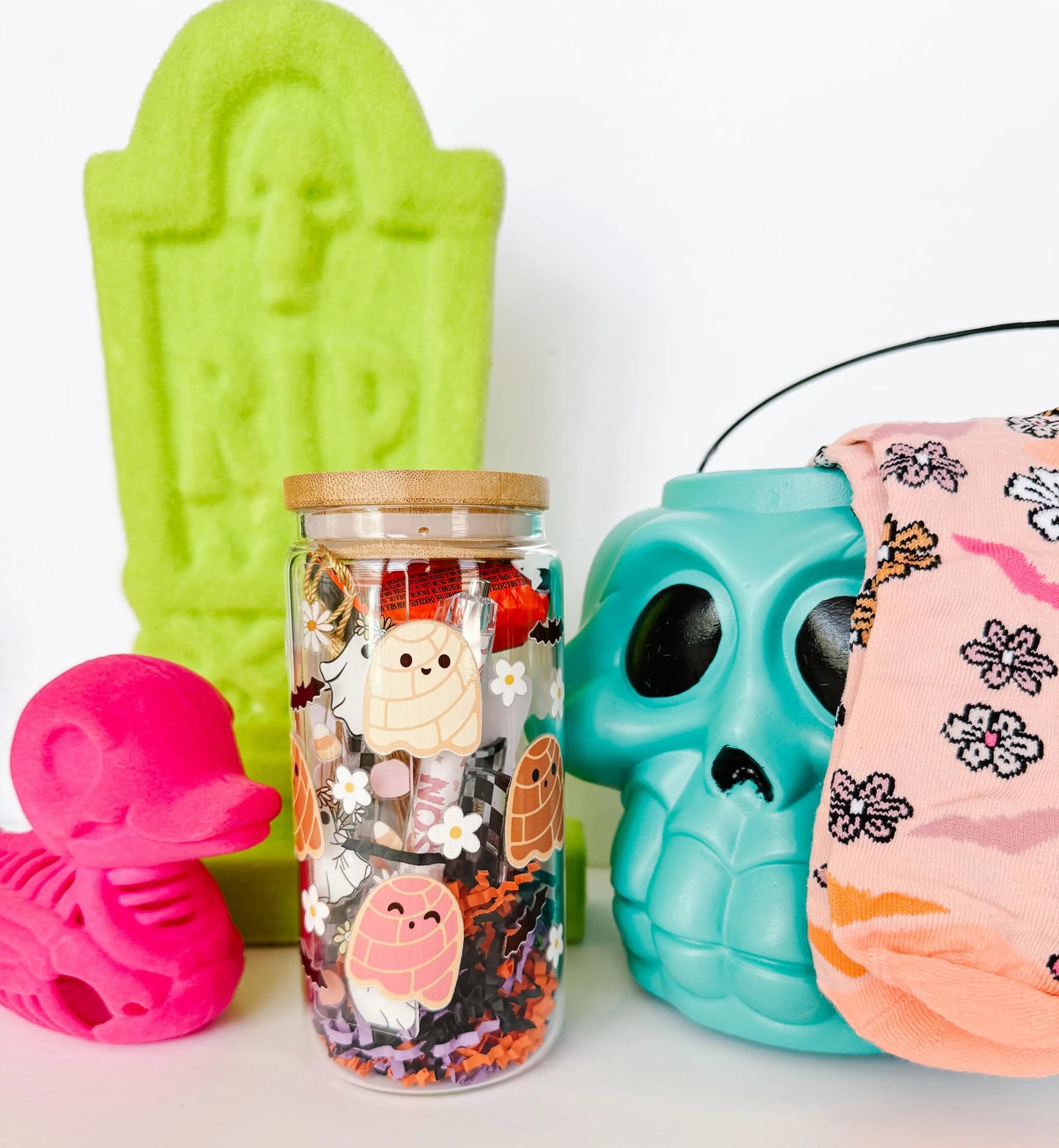 Stuffed Halloween Gift: Boo Bags, Boo Baskets, 16oz glass tumbler, Halloween gift, Halloween socks, Halloween lovers gift