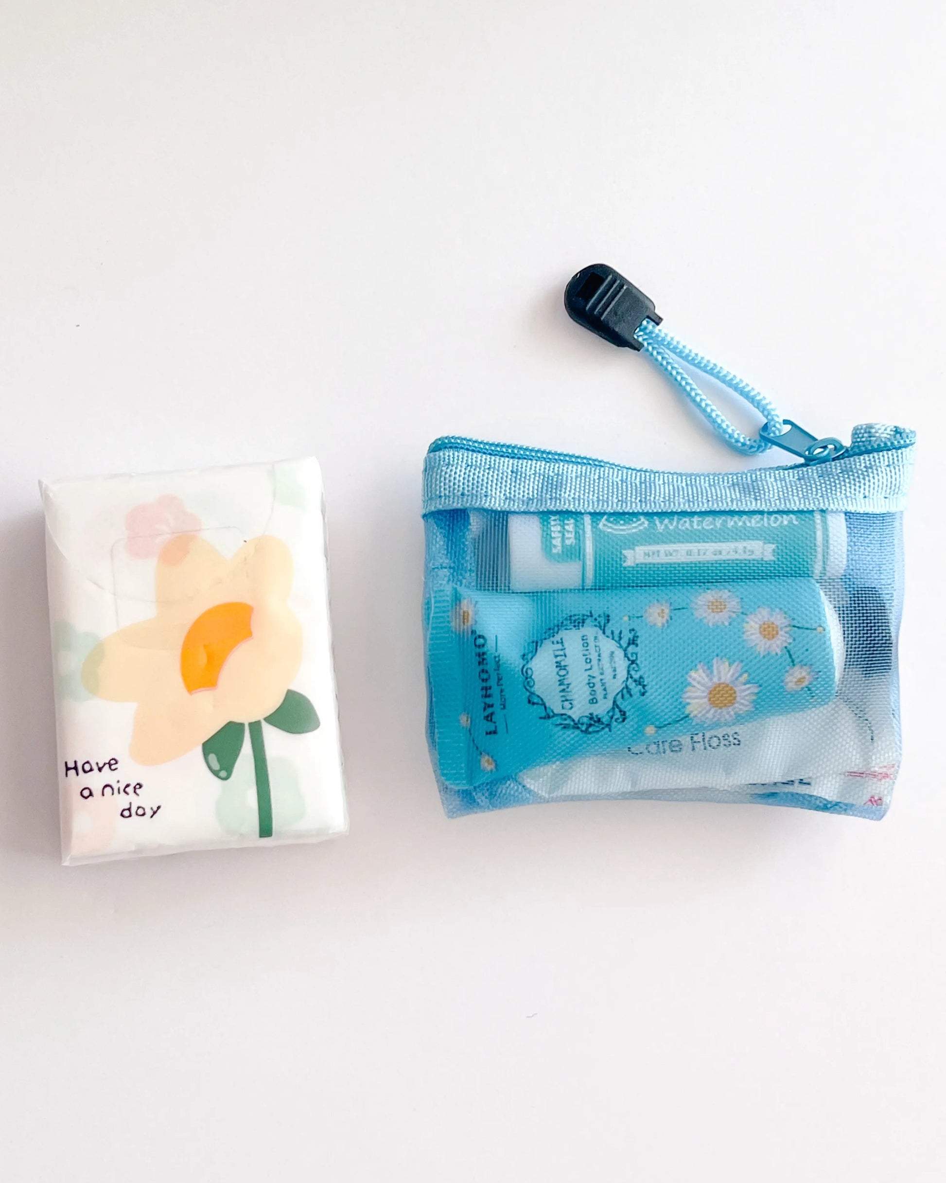Compact Essential Pocket Kit flat lay with tissue pack and light blue mesh pouch