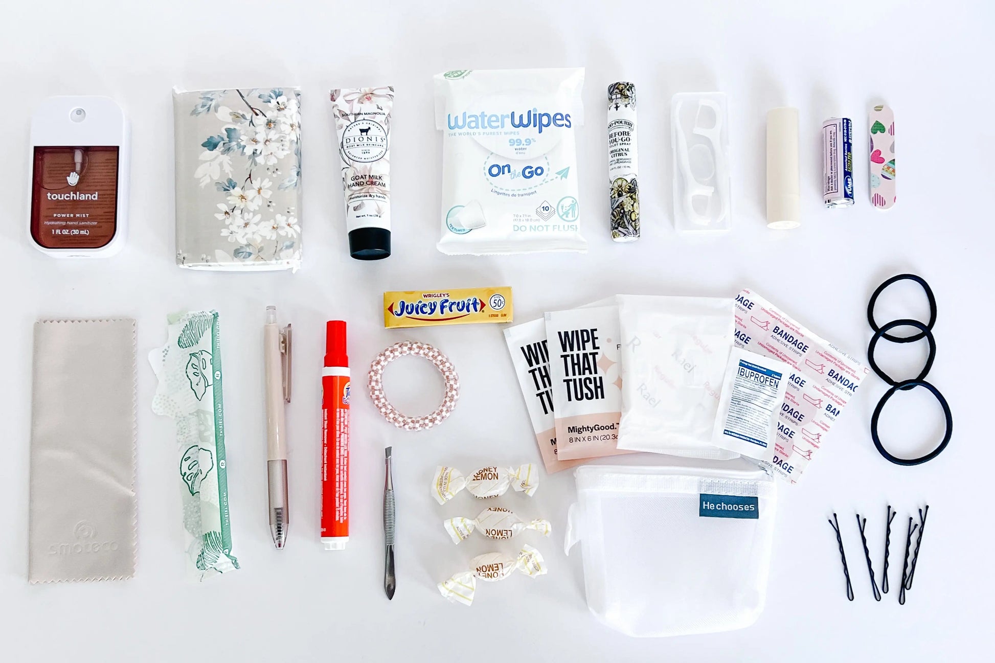 The Purse Pouch in a flat lay with all the essentials day to day items. 